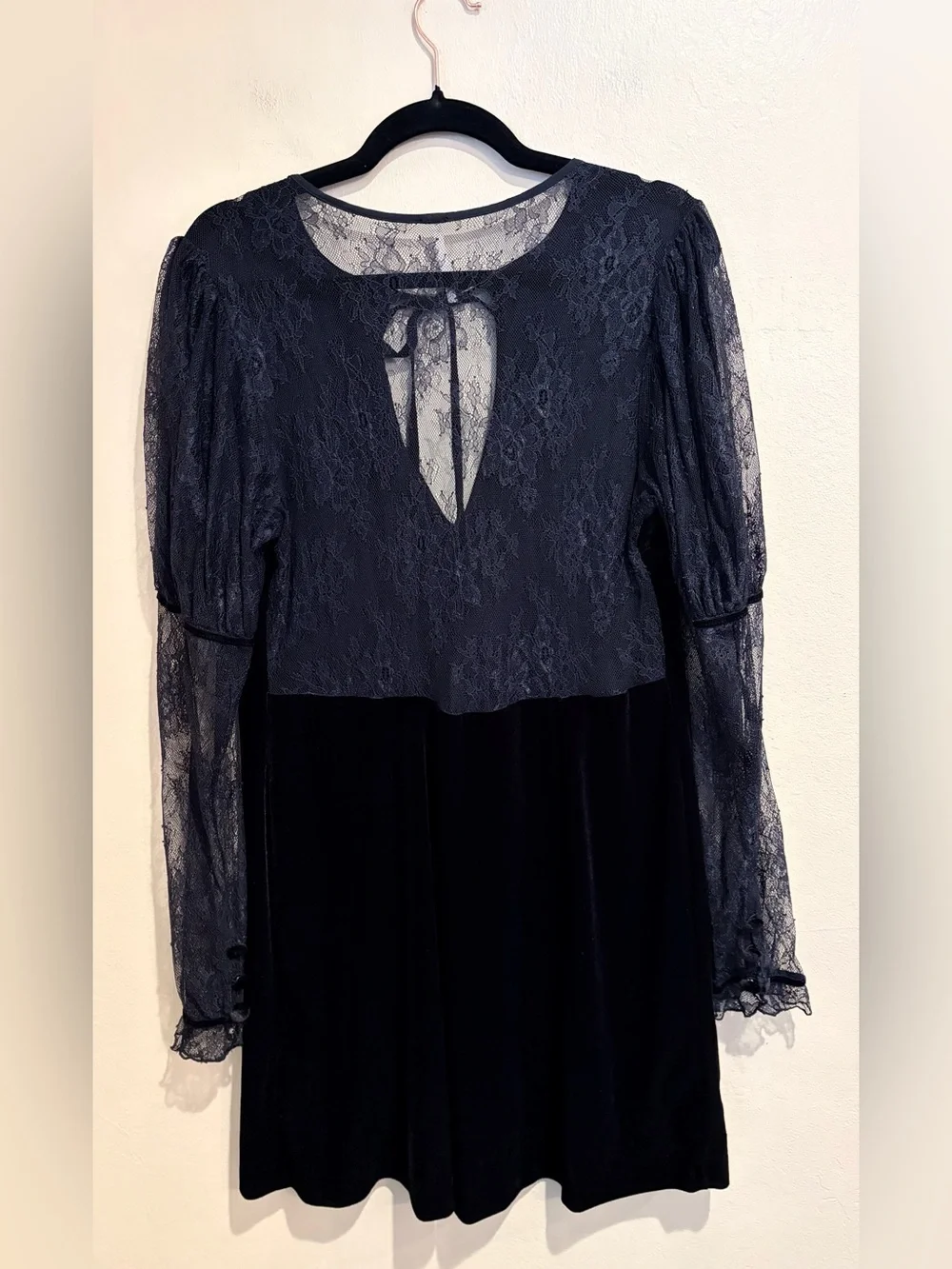 Wickedly Gorgeous Free People Black Crushed Velvet Dress w/ Sheer Long Sleeves